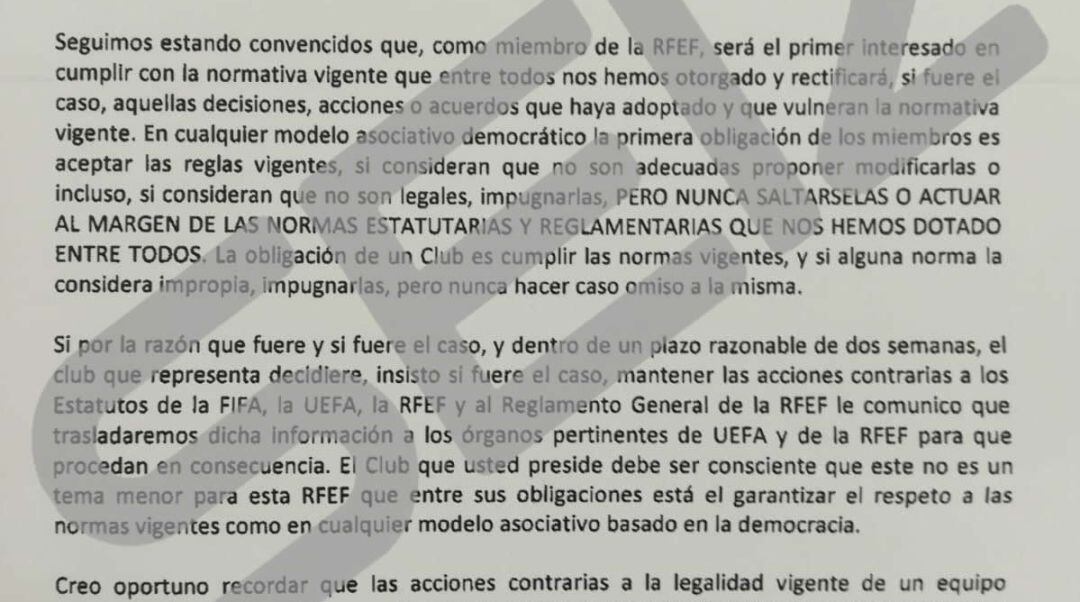 La Cadena SER ha tenido acceso a la carta de Andreu Camps a los 14 equipos que no quieren unirse a la liga femenina de la RFEF