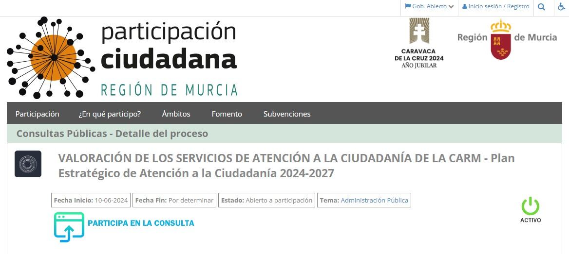 Imagen de la Plataforma de Participación Ciudadana de la Comunidad, donde se puede acceder a la consulta pública.