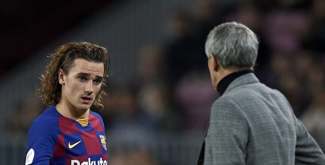 Antoine Griezmann y Quique Setién, durante un partido de la presente temporada