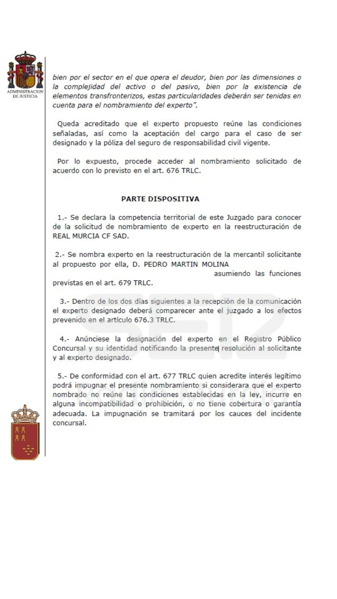 Parte del auto del Juzgado Mercantil
