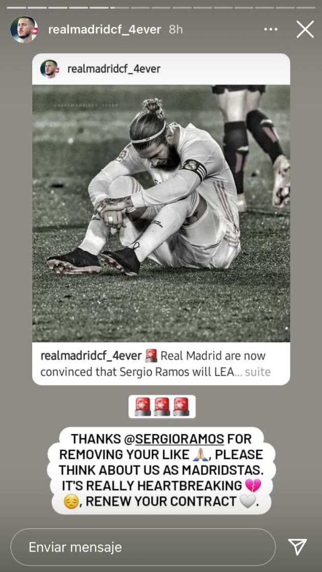 El usuario da las gracias a Sergio Ramos por retirar el ‘like’ de la publicación