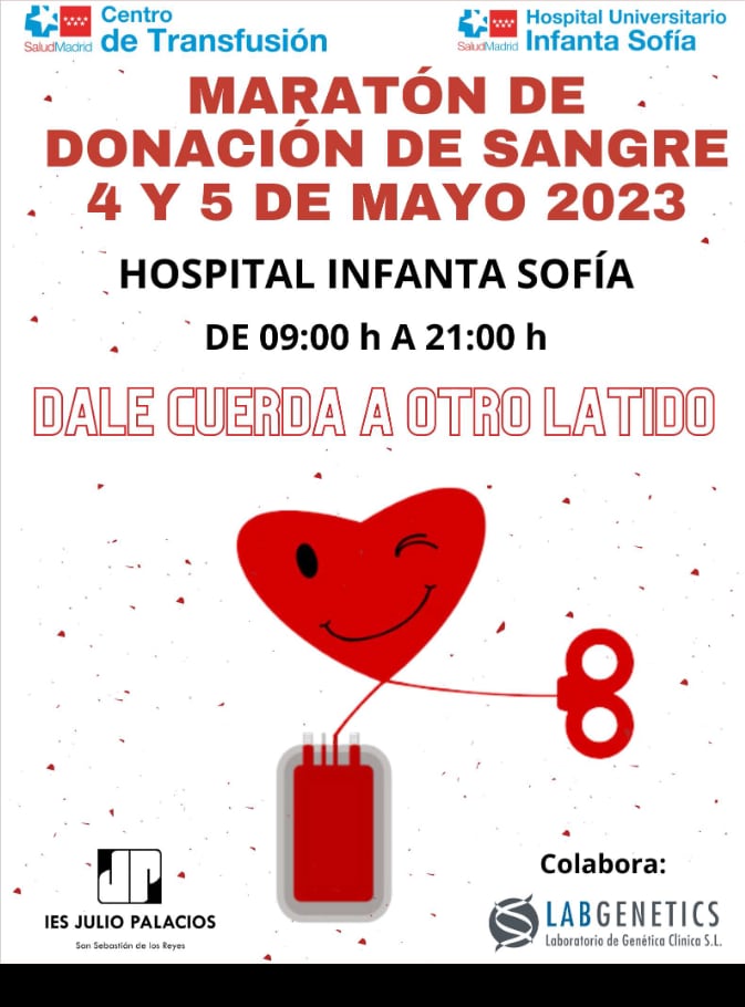 Del 4 al 5 de mayo, en el Hospital Infanta Sofía se desarrollarán diversas actividades, elaboradas por alumnos del instituto Julio Palacios, destinadas a concienciar a sobre la importancia de donar sangre y animar a sumarse a la población de la zona