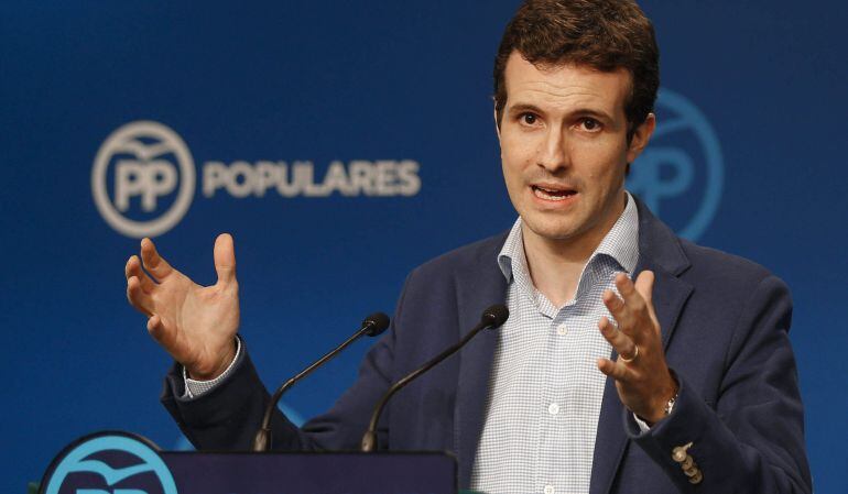 El vicesecretario de Comunicación del PP, Pablo Casado, durante una rueda de prensa