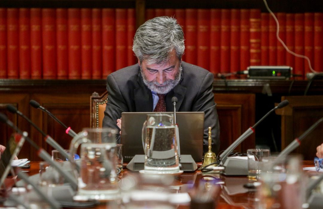 El presidente del Consejo General del Poder Judicial y del Tribunal Supremo (CGPJ), Carlos Lesmes, preside el pleno del CGPJ que se pronunciará sobre la propuesta de nombramiento de la exministra de Justicia Dolores Delgado para el cargo de fiscal general del Estado, en Madrid a 16 de enero de 2020