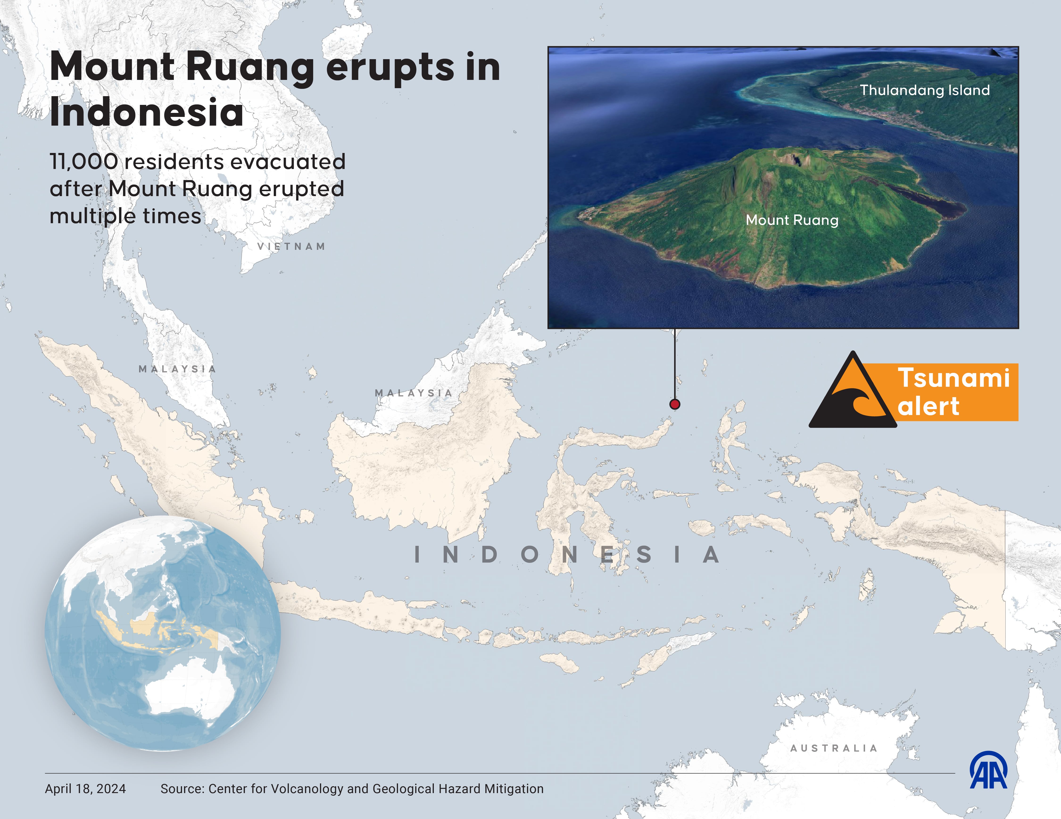 Infografía sobre la zona de erupción del volcán de Indonesia. (Photo by Yasin Demirci/Anadolu via Getty Images)