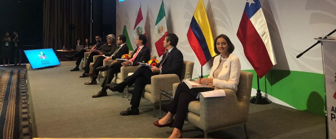  La ministra de Industria, Comercio y Turismo en funciones, Reyes Maroto, en el panel de ministros de Comercio de la XIV Cumbre de la Alianza del Pacífico