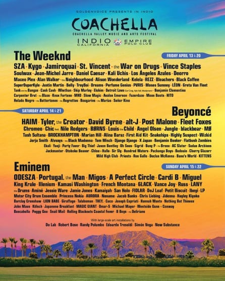 Cartel del Coachella 2018 donde HAIM era la segunda banda en la programación del sábado tras Beyoncé