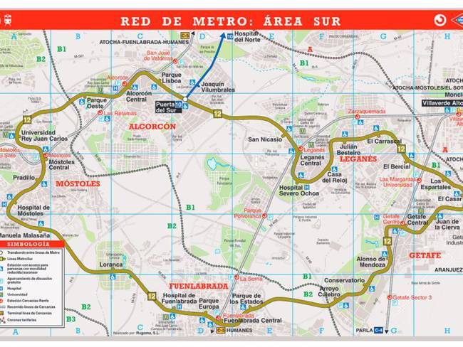 Plano cartográfico de Metrosur L12 sobre los municipios de Alcorcón, Móstoles, Fuenlabrada, Getafe y Leganés