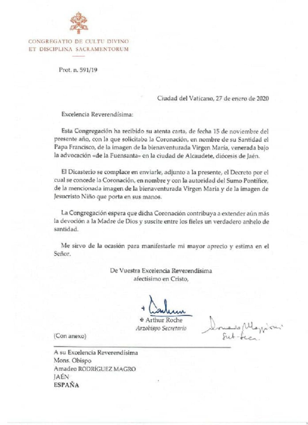 Comunicado oficial de la Coronación Canónica-Pontificia