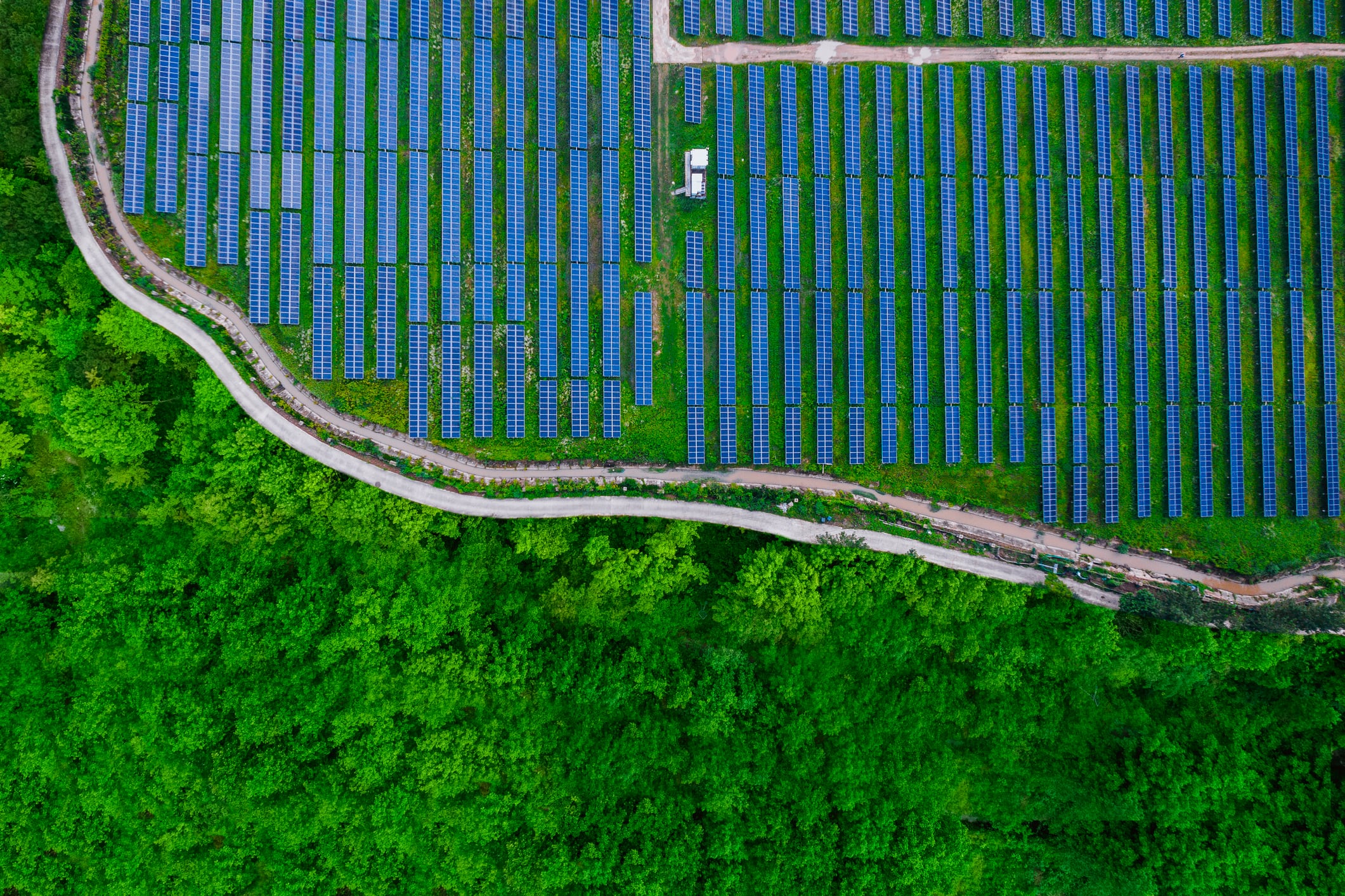 Una planta fotovoltaica vista desde las alturas.