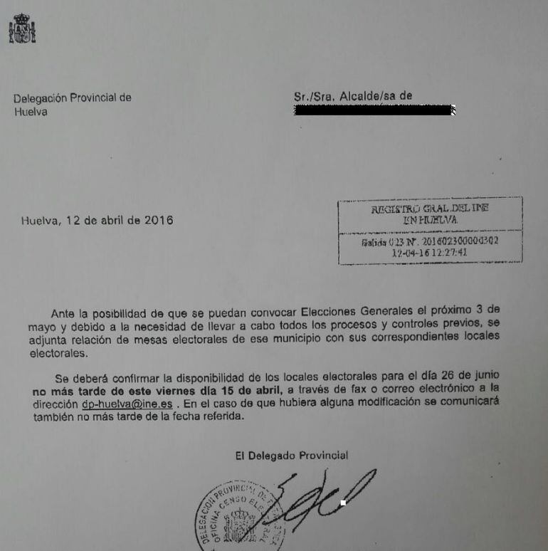 Carta recibida por los ayuntamientos ante la posibilidad de elecciones en junio.