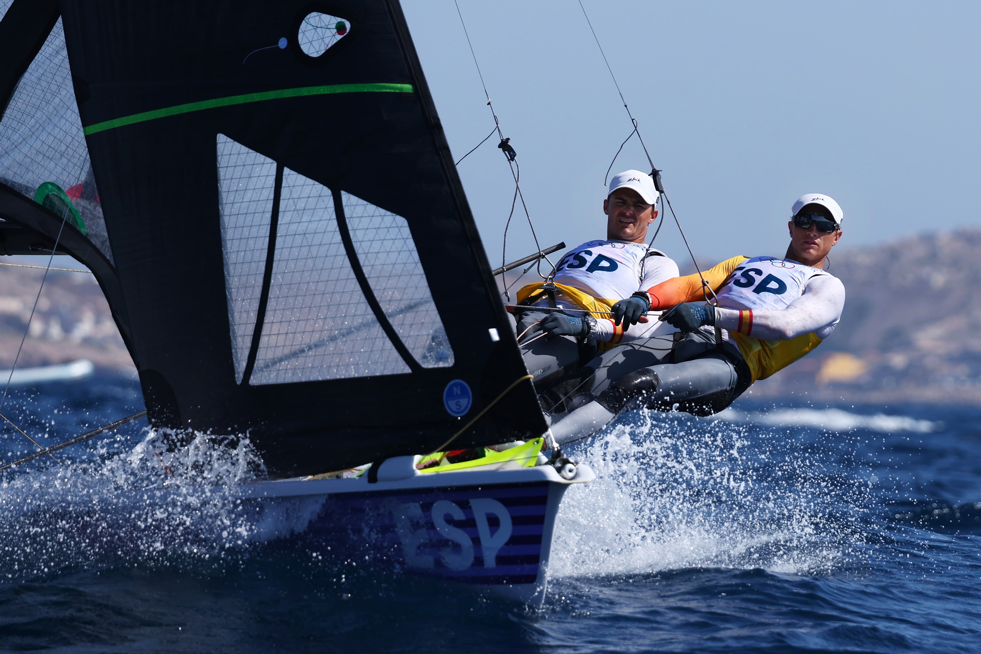 MARSEILLE, FRANCE - AUGUST 01:  Diego Botin Le Chever and James Trittel Paul of Team Spain in action during the Men&#039;s Skiff Men&#039;s Skiff 49er class Medal Race on day six of the Olympic Games Paris 2024 at Marseille Marina on August 01, 2024 in Marseille, France. (Photo by Phil Walter/Getty Images)