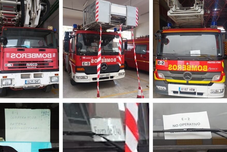 El vehículo averiado en el parque central de bomberos de Málaga