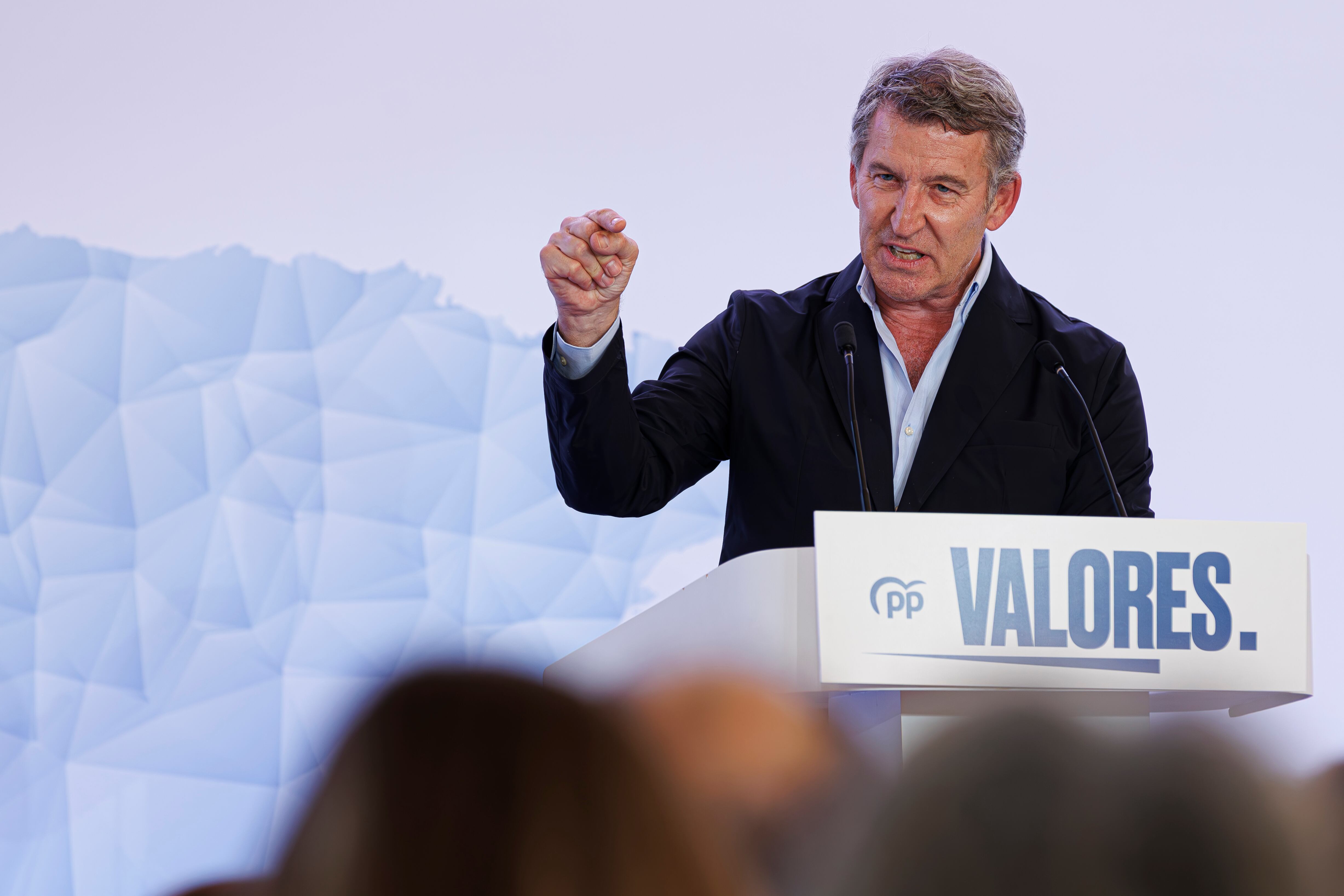 ZARAGOZA 31/05/2025.- El presidente del PP, Alberto Núñez Feijóo, da un discurso durante un acto político celebrado este sábado en Zaragoza. EFE/ Javier Belver
