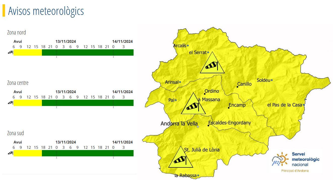 Avís groc per fort vent del Servei meteorològic nacional.