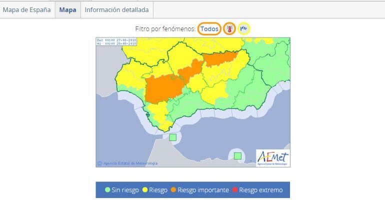 Mapa de temperaturas previsto para este lunes 27 de agosto en Andalucía.