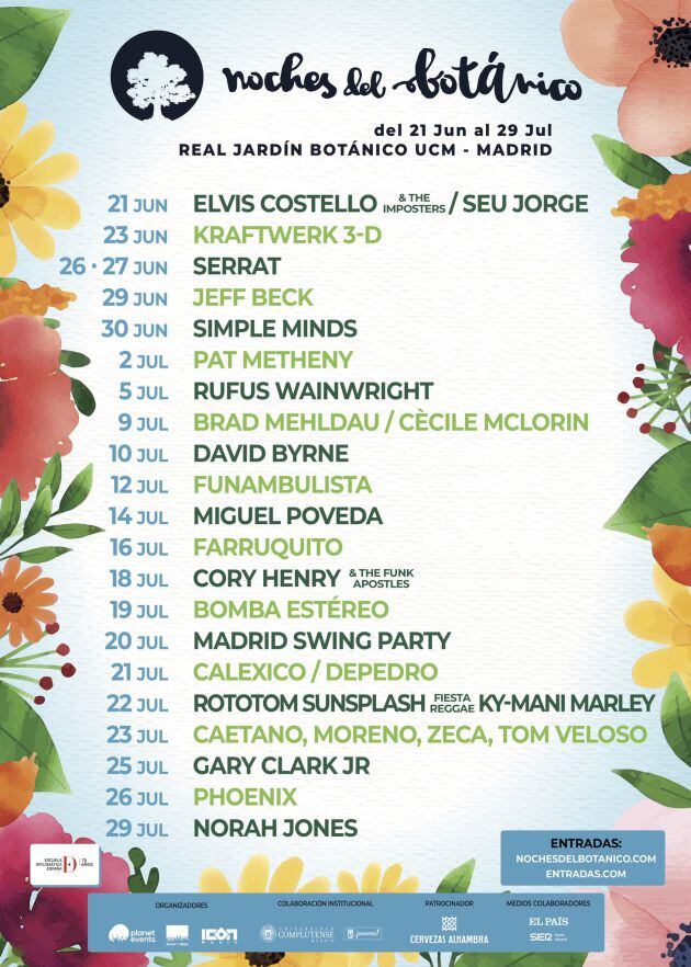 Cartel con las actuaciones del festival Noches del Botánico 2018.