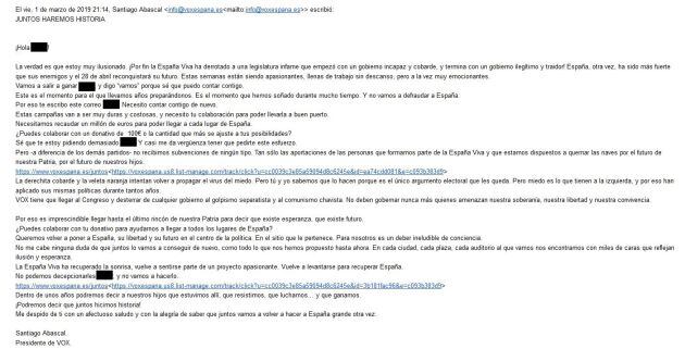 Uno de los mails enviados por Santiago Abascal.