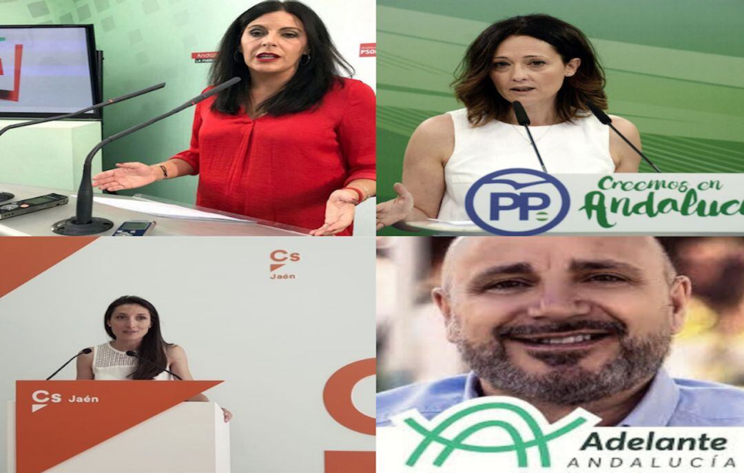 De izqda a dcha y de arriba a abajo: Ángeles Ferriz, candidata del PSOE; Maribel Lozano, candidata del PP; Mónica Moreno, candidata de C&#039;s y José Luis Cano, candidato de Adelante Andalucía