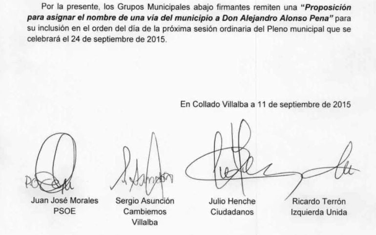 Proposición para el cambio de calle firmada por los representantes de los cuatro partidos de la oposición de Collado Villalba