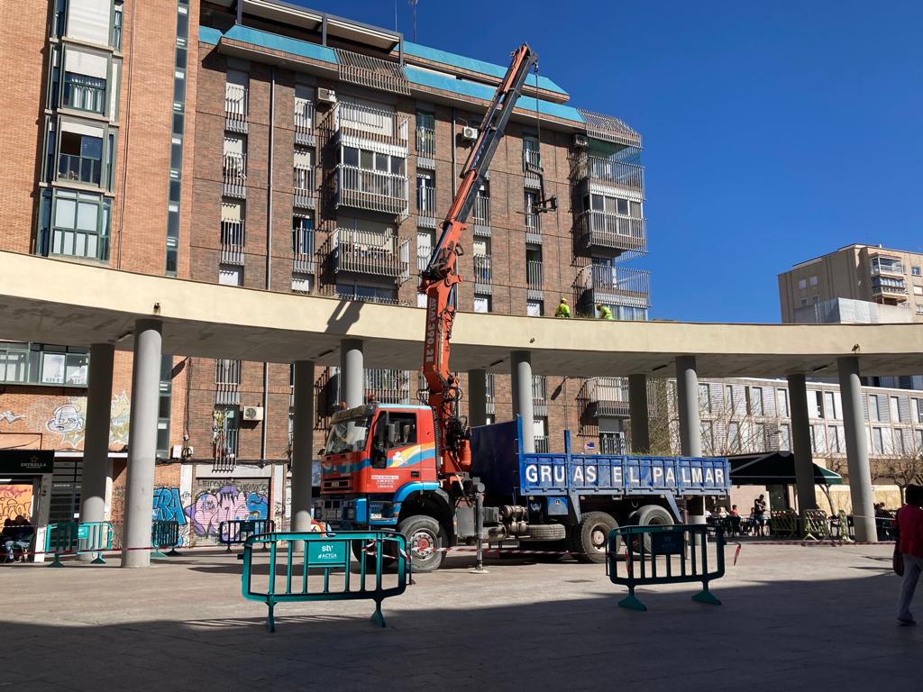 Ya han comenzado los trabajos del jardín colgante en la pérgola de la plaza de la Universidad de Murcia