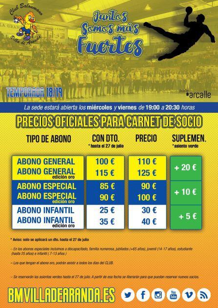 Cartel de precios de la campaña de socios para la temporada 2018-2019.