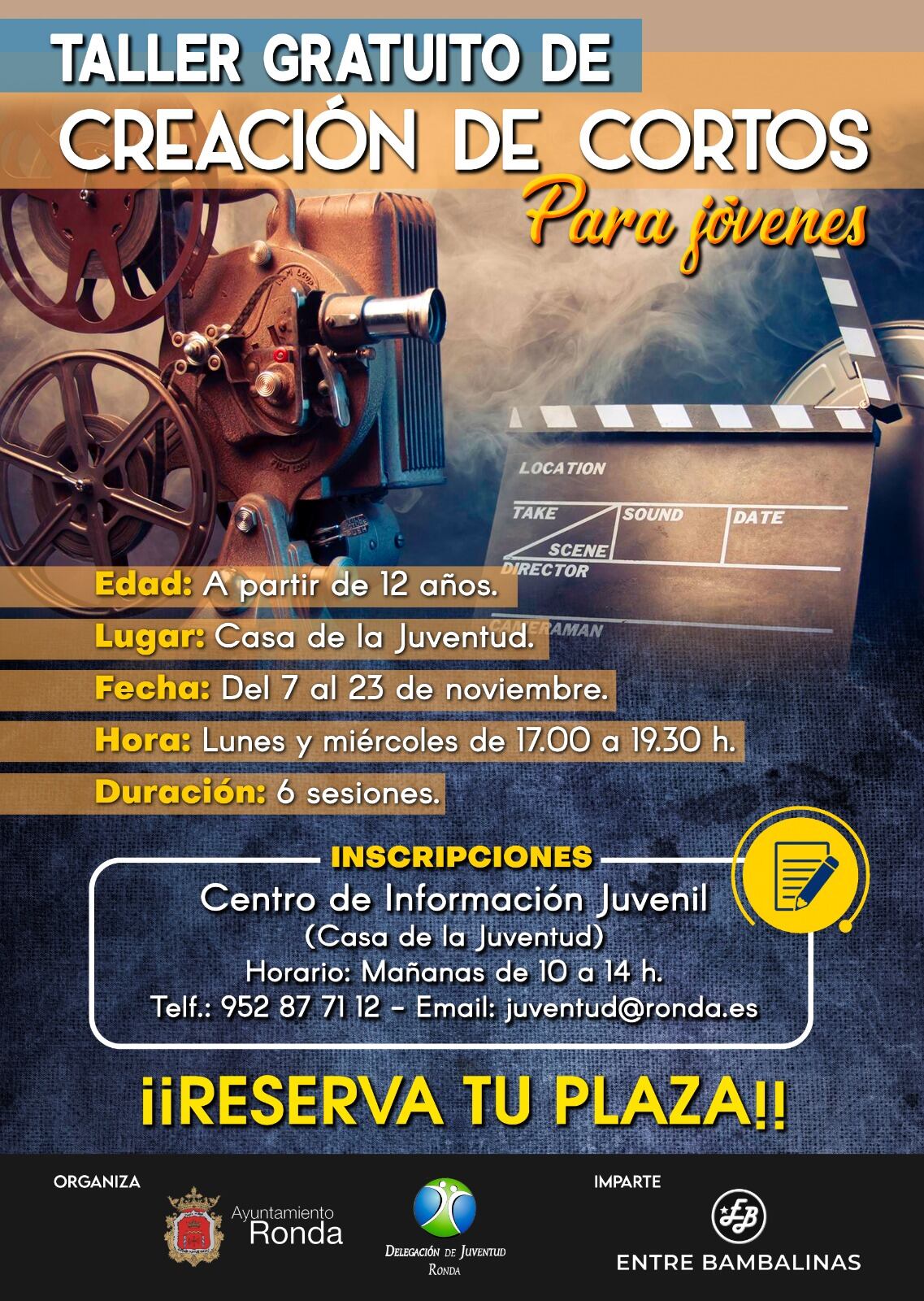 Nuevo taller gratuito de creación de cortos destinado a jóvenes a partir de 12 años.