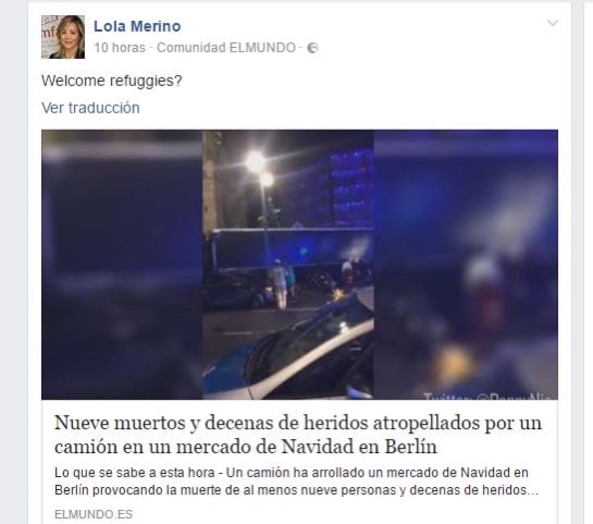 Pantallazo del comentario escrito por la diputada del PP Lola Merino