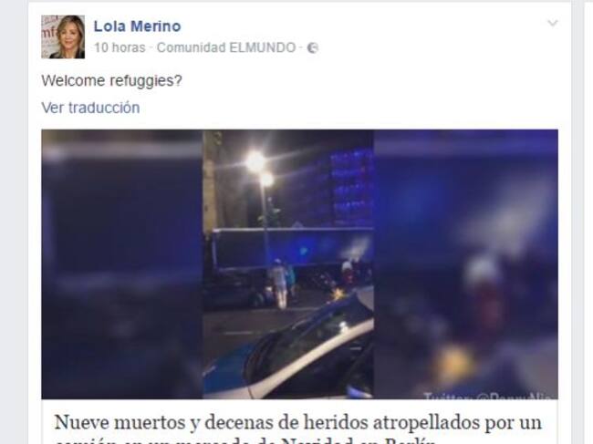 Pantallazo del comentario escrito por la diputada del PP Lola Merino