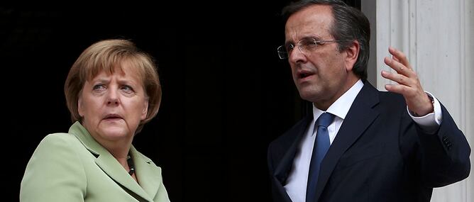 Antonis Samaras y Angela Merkel durante la visitia de la canciller alemana a Atenas