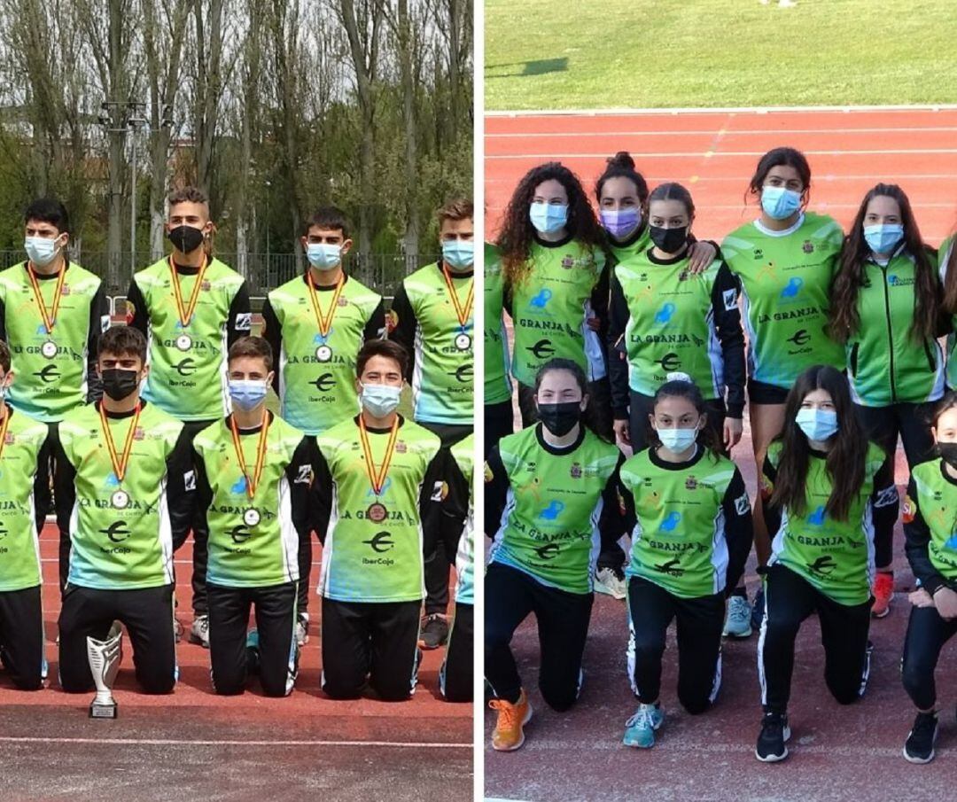 Los equipos masculino (i) y femenino del Atletismo Aranda La Granja de Chico Ibercaja, en el Regional disputado en Burgos.