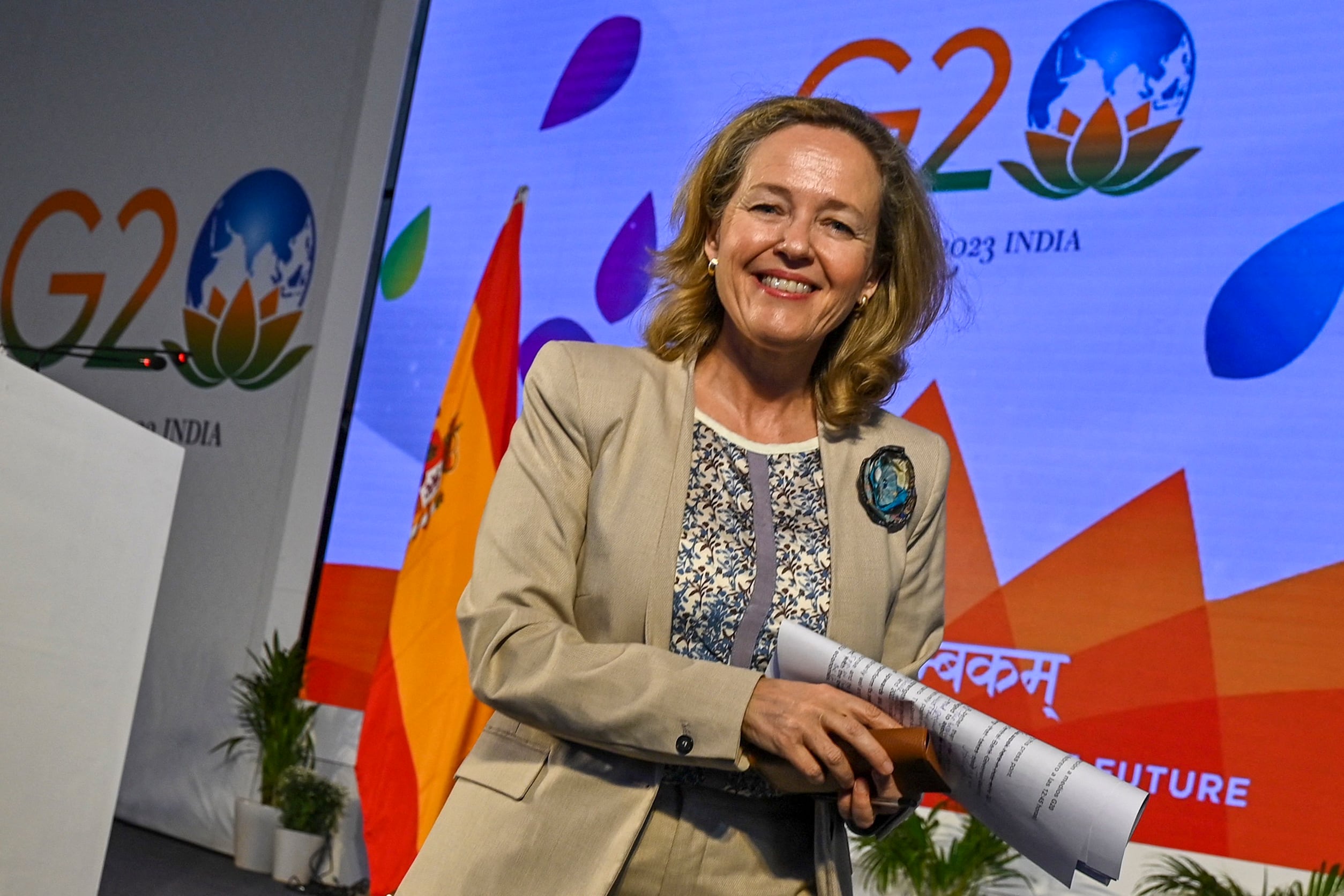 La vicepresidenta del Gobierno y ministra de Economía, Nadia Calviño, durante su participación en el G-20 celebrado en India