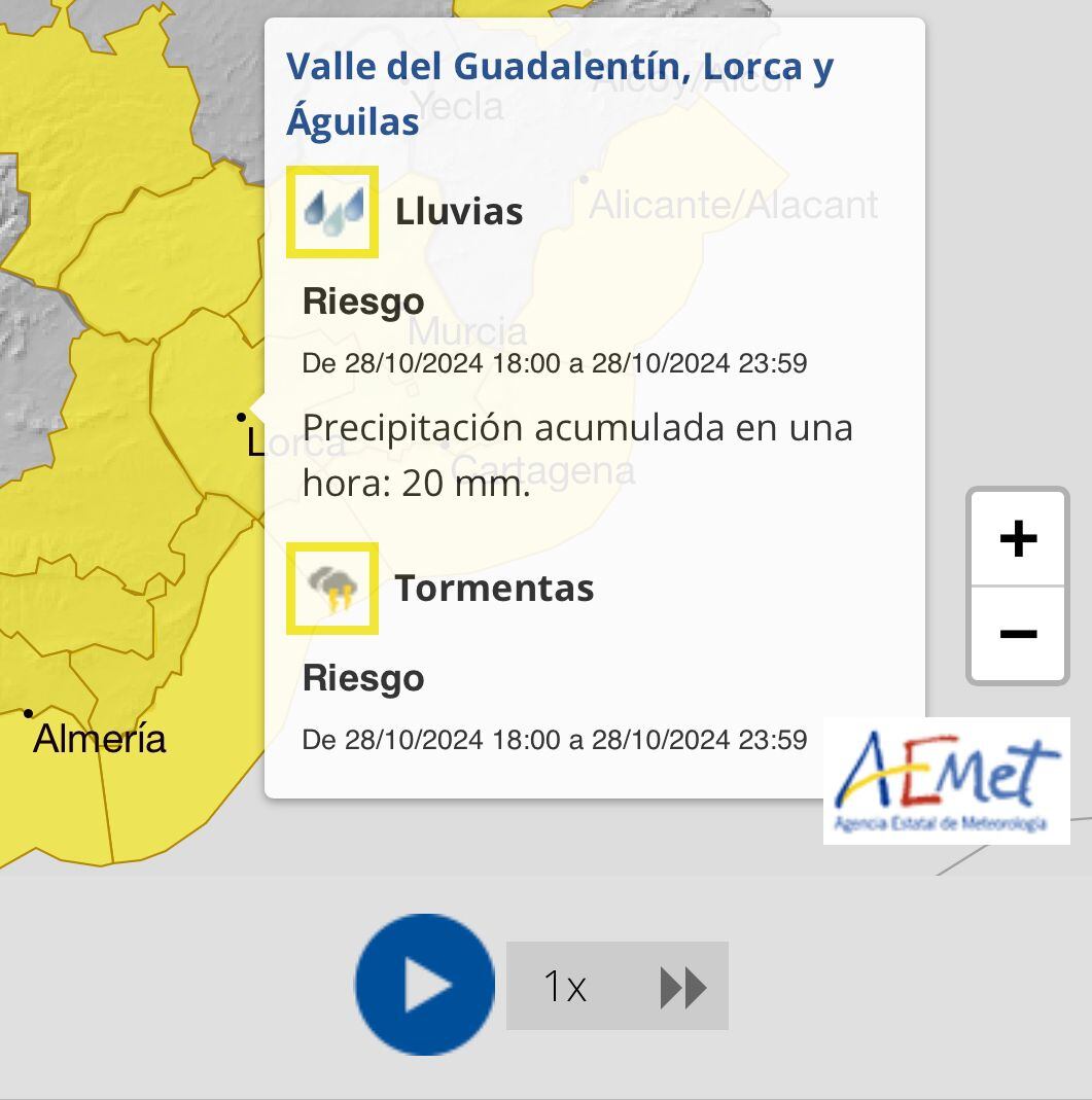 El Ayuntamiento de Lorca ha activado el Plan INUNLOR en fase de preemergencia ante el aviso amarillo de fuertes lluvias y tormentas desde el lunes hasta la madrugada del miércoles.