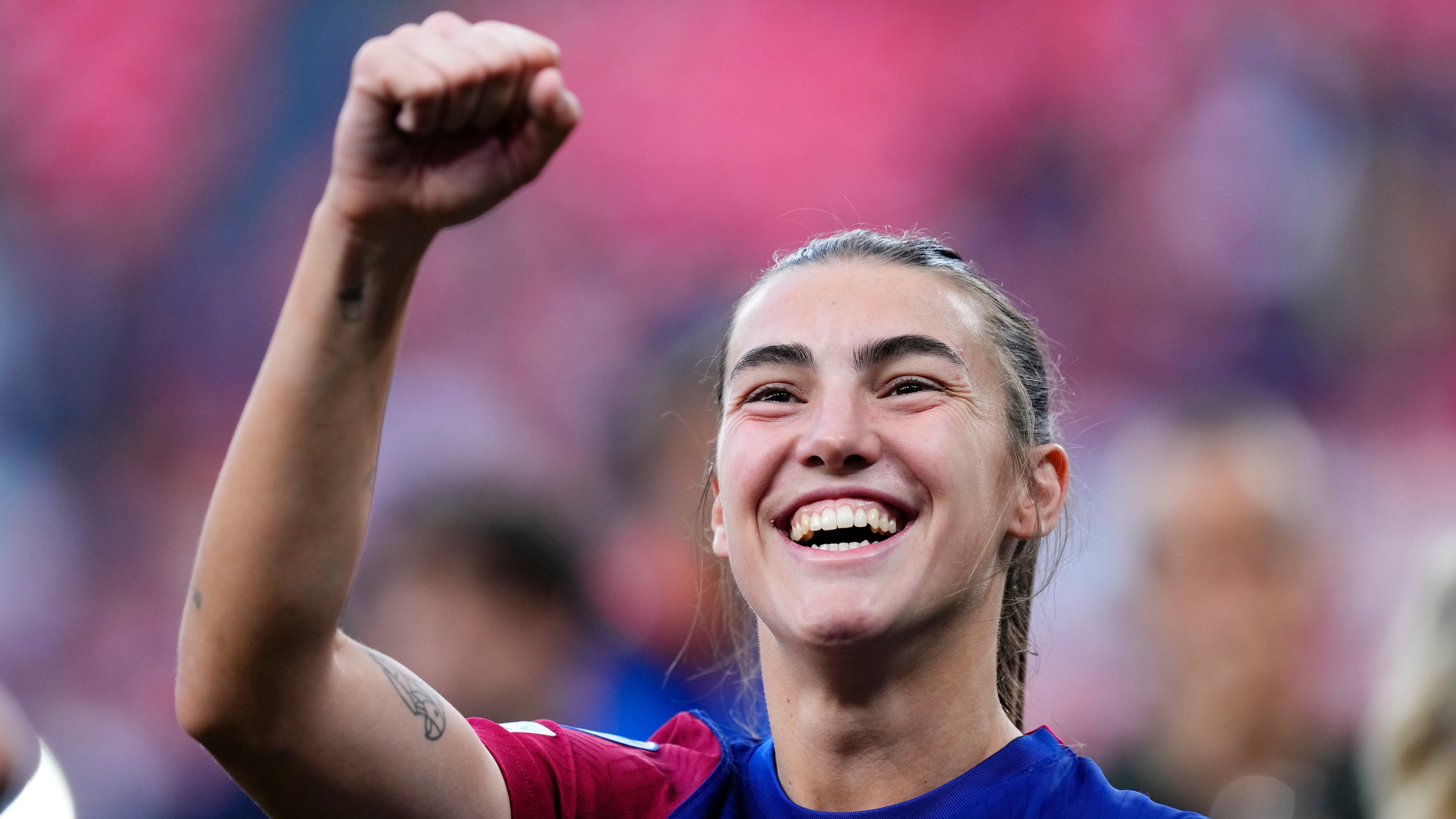 Patri Guijarro of Barcelona and Spain celebrates victory after the UEFA Women&#039;s Champions League 2023/24 Final match between FC Barcelona and Olympique Lyonnais at Estadio de San Mames on May 25, 2024 in Bilbao, Spain.  (Photo by Jose Breton/Pics Action/NurPhoto via Getty Images)