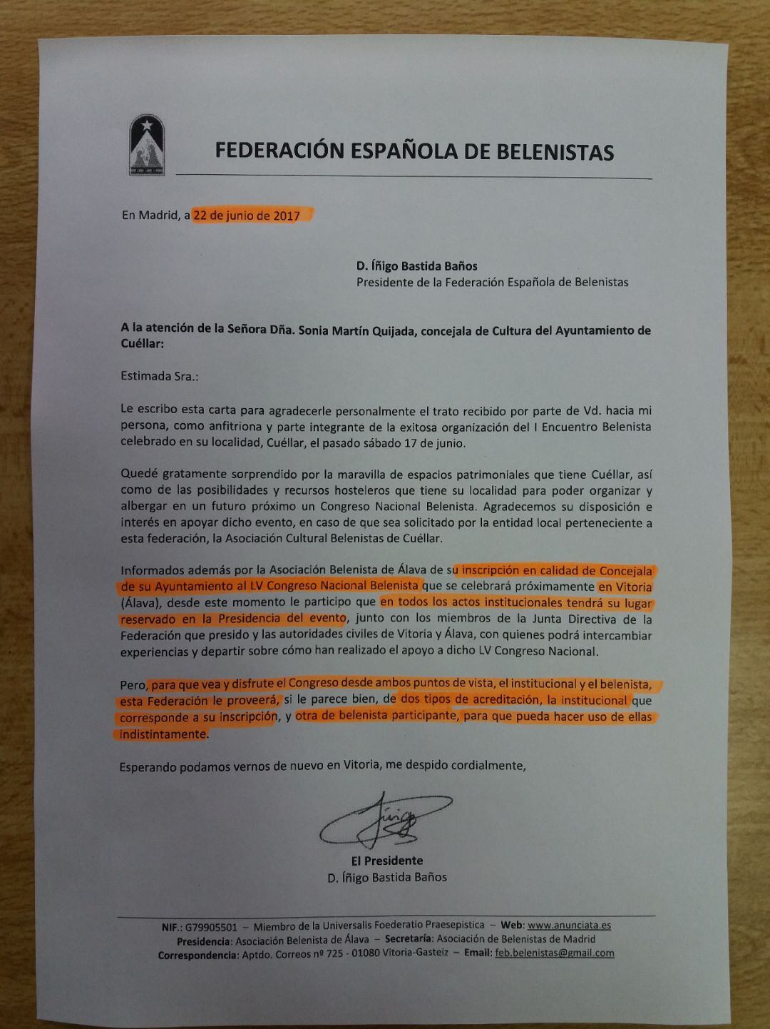 Carta remitida por la Federación Española de Belenistas con fecha 22 de junio de 2017