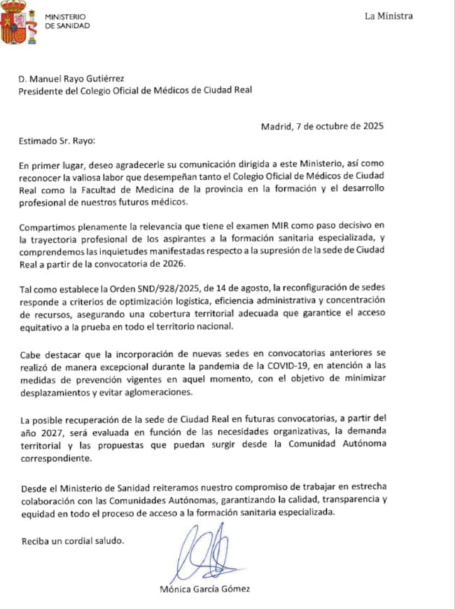 Carta del Ministerio de Sanidad comunicando la supresión de Ciudad Real como sede MIR al Colegio de Médicos de Ciudad Real