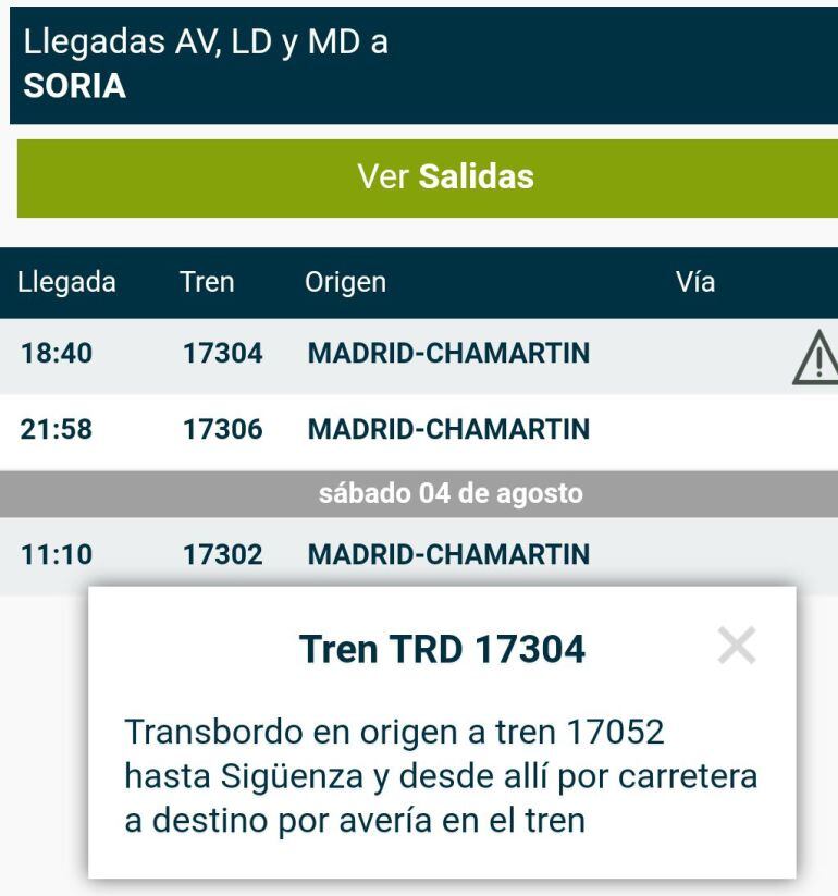 El anuncio inicial de la incidencia del tren Madrid-Soria del pasado viernes, en la web de Renfe.