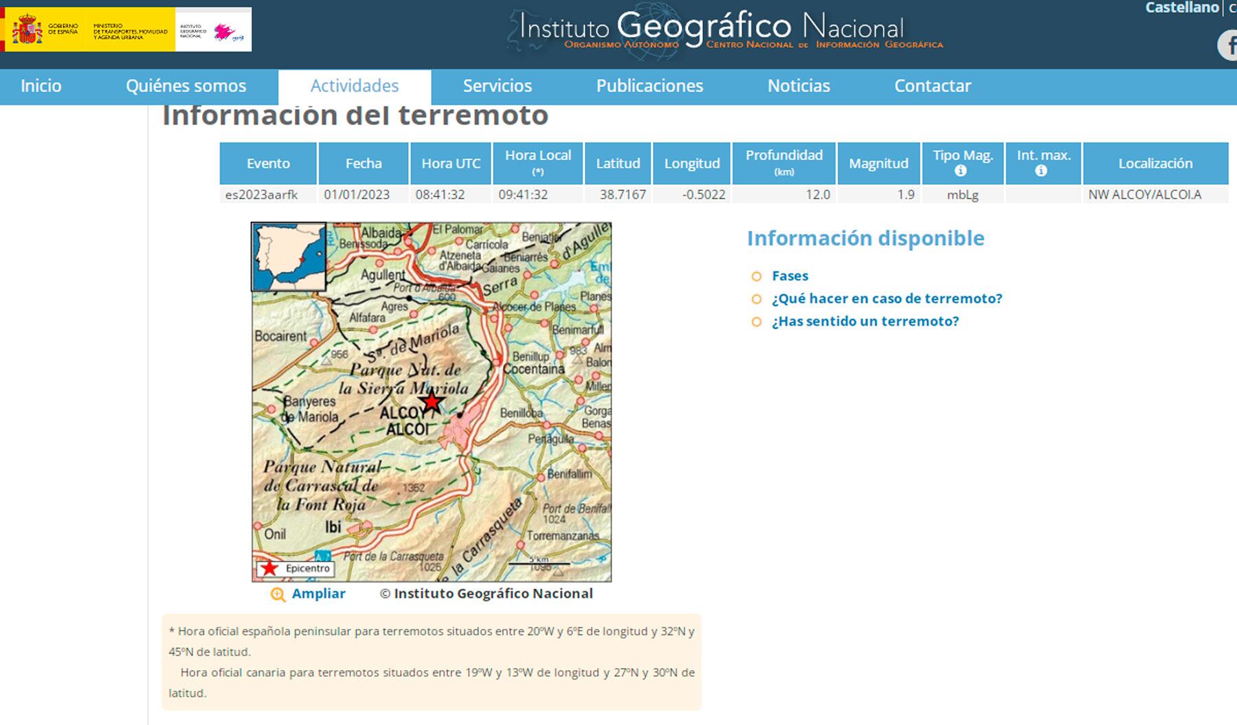 Captura de pantalla de la página web del Instituto Geográfico Nacional donde se explica el terremoto de Alcoy