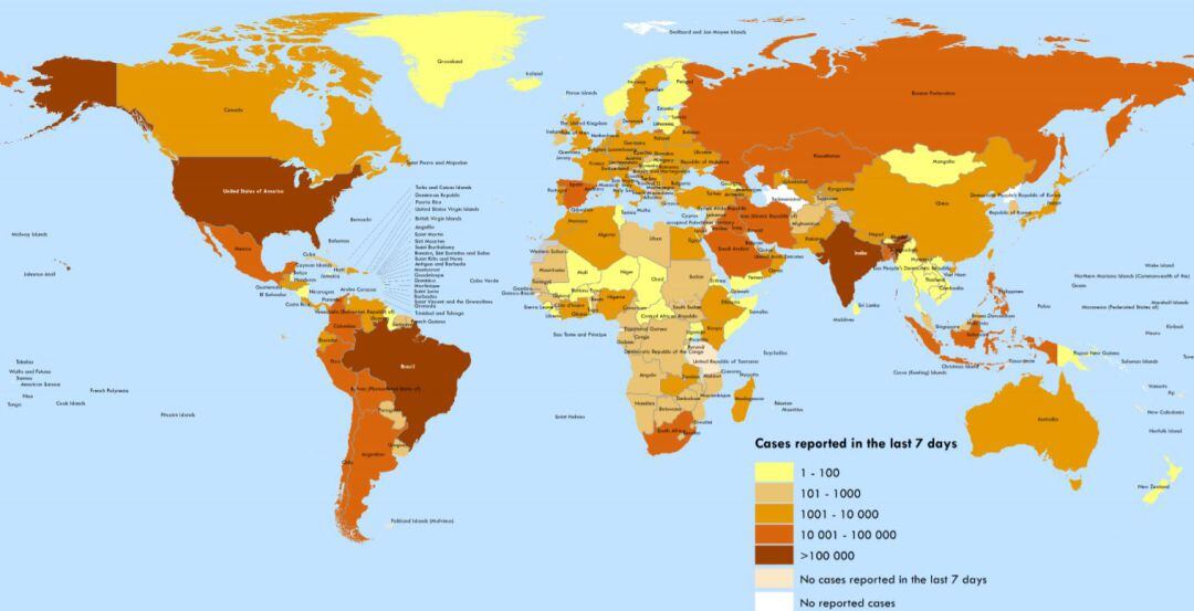 Casos de COVID-19 diagnosticados en los últimos 7 días en el mundo.