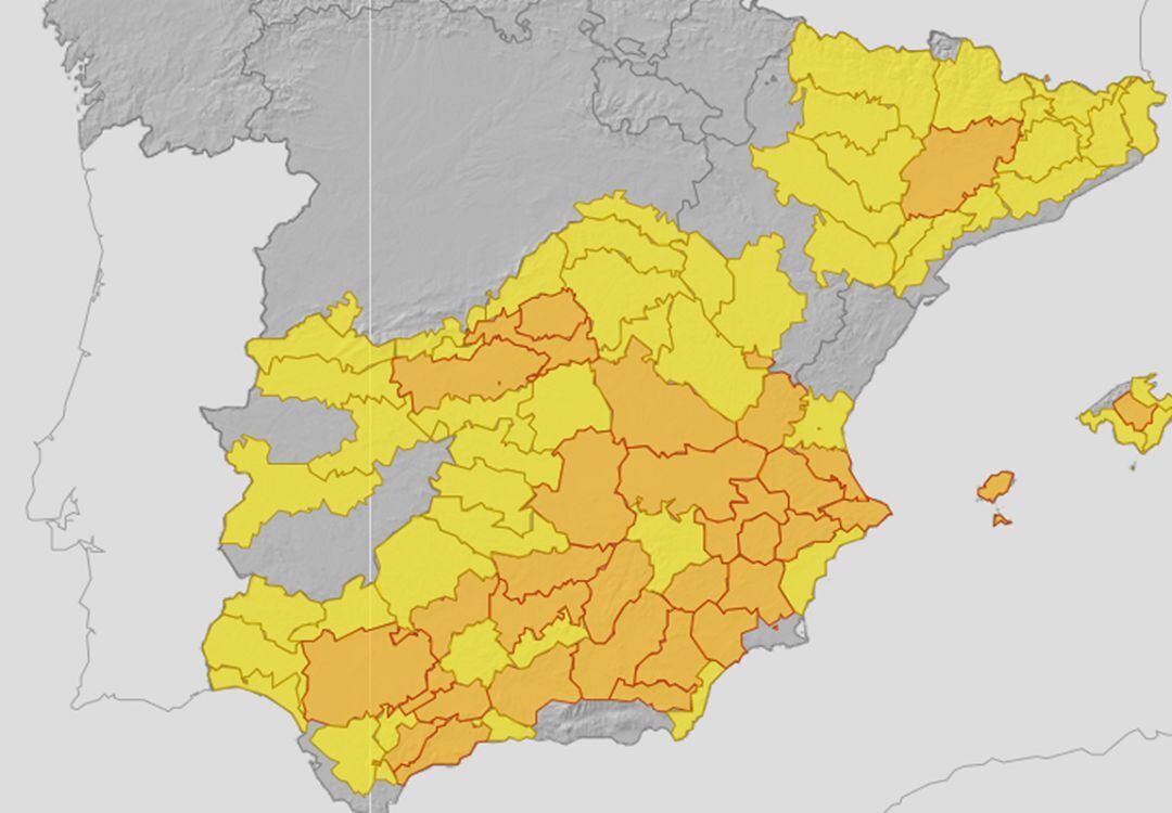 Mapa de alertas por calor, nivel naranja en la Safor para el sábado 