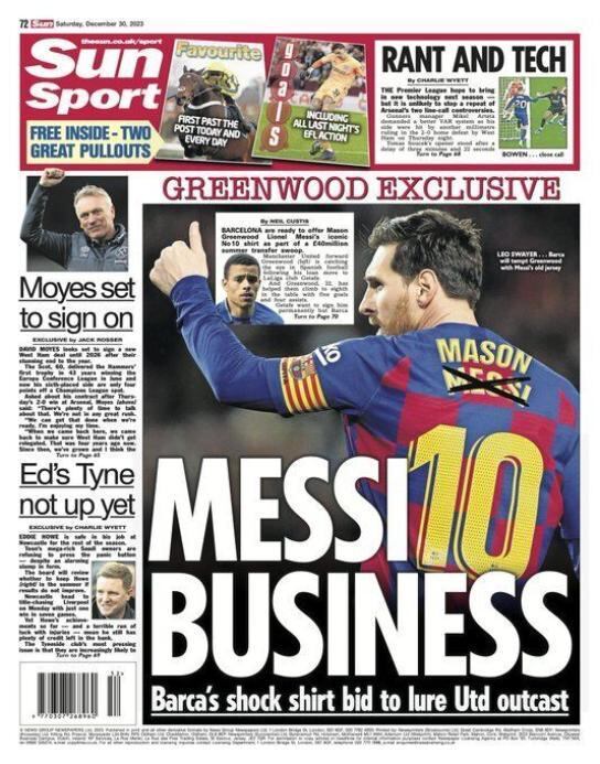 Portada de &#039;The Sun Sport&#039; el sábado 30 de diciembre