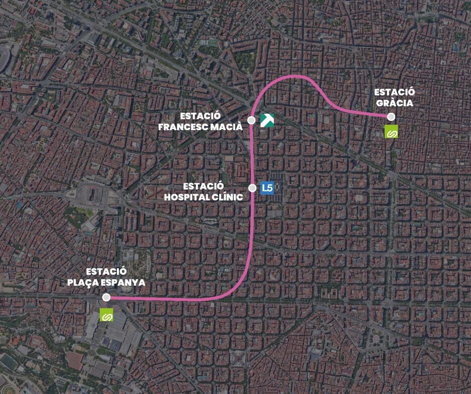 Plànol del recorregut del perllongament de l&#039;L8 entre plaça d&#039;Espanya i Gràcia