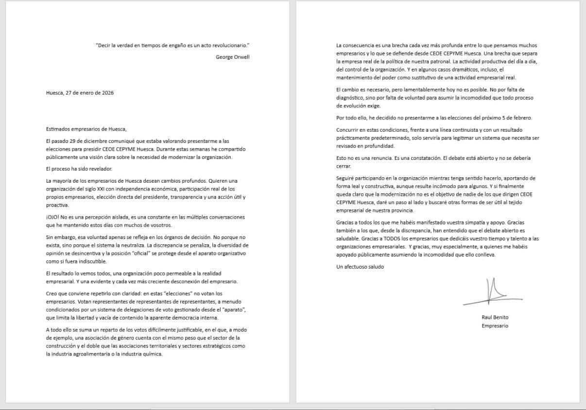 Carta de Raúl Benito