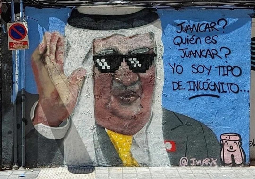 Grafiti que ha aparecido en el barrio de Benimaclet de València en el que se puede ver la figura del rey emérito tras su salida de España