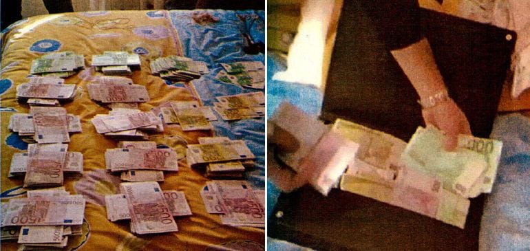 Billetes de 500 y 100 euros hallados en el maletín de Francisco Granados encontrado en el altillo de casa de sus suegros. Las imágenes están documentadas en el informe de la Guardia Civil.