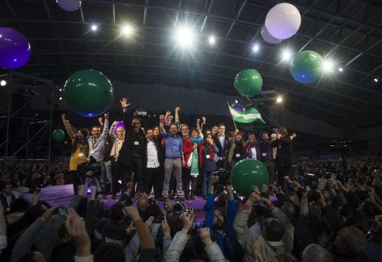 Teresa Rodríguez, junto a los líderes nacionales de Podemos