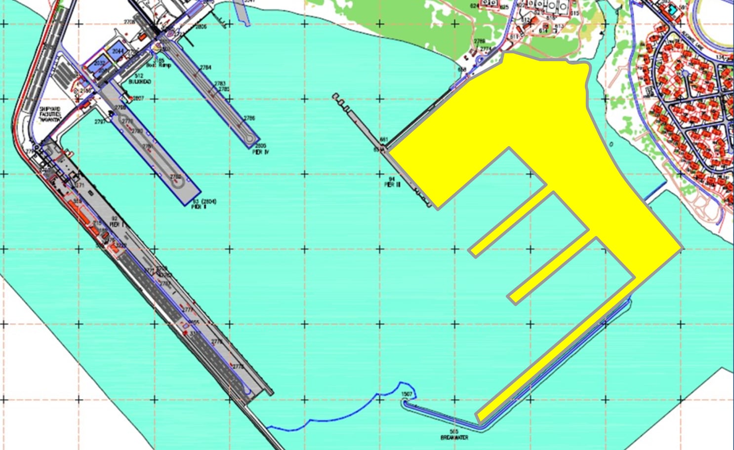 En amarillo, la nueva zona de crecimiento de los muelles de la base naval de Rota / Armada