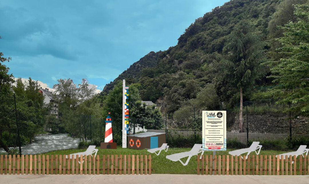 Imatge del projecte de Cala Laurediana, la platja fluvial que aquest estiu vol posar en marxa el comú de Sant Julià a la llera del riu Valira.