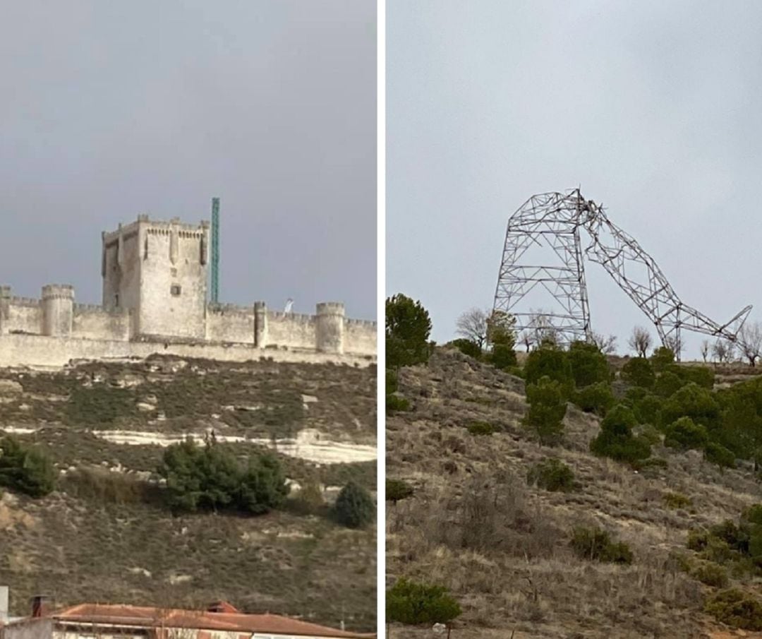 Las grúas en el Castillo de Peñafiel (i) y una torre caída en el entorno de Piñel de Abajo.