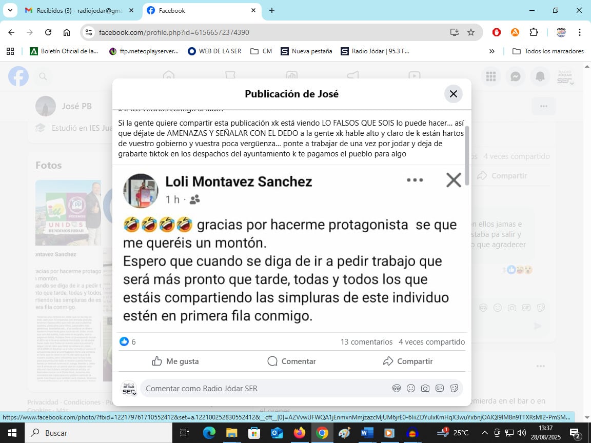 Publicación de la concejala Dolores Montávez, en su perfil en una red social